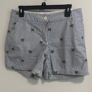 crown & ivy Navy and White Seersucker Palm Embroidered Shorts